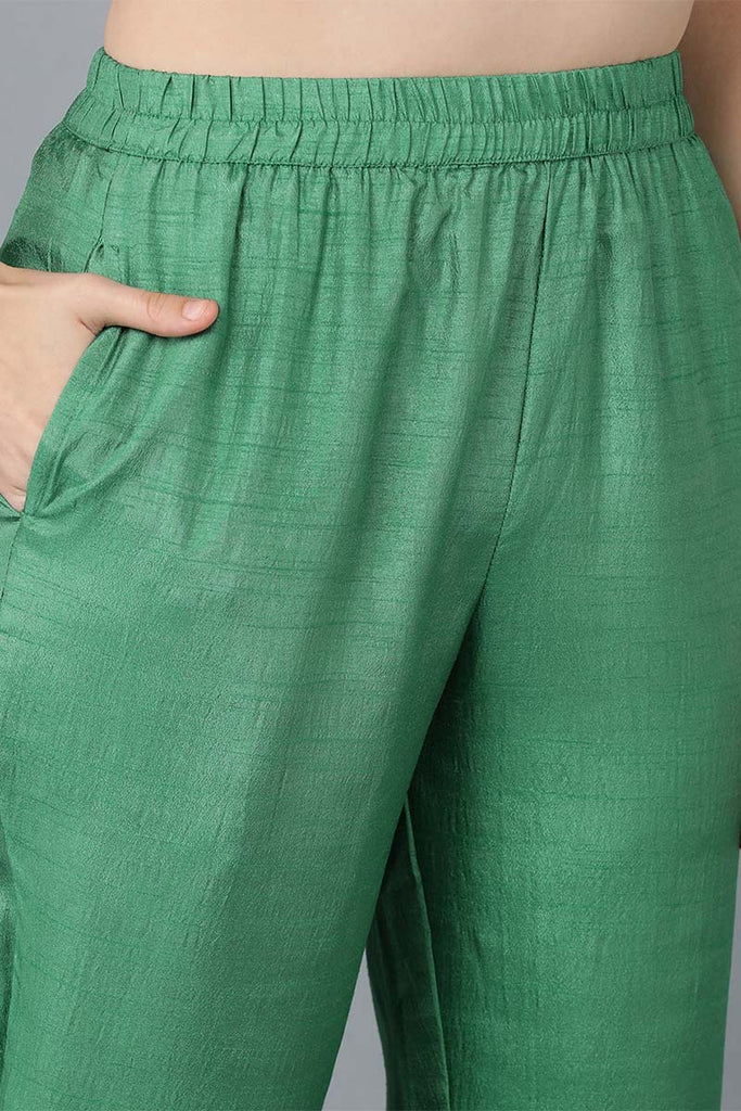  Women Green Embroidered Kurta Trousers With Dupatta