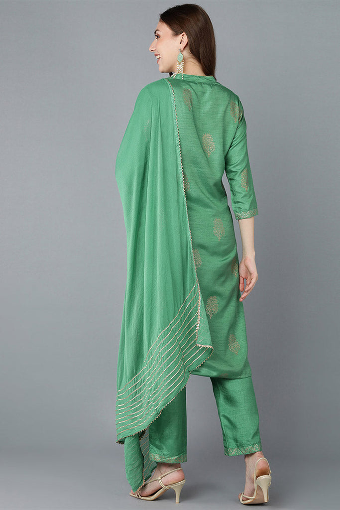  Women Green Embroidered Kurta Trousers With Dupatta