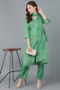  Women Green Embroidered Kurta Trousers With Dupatta