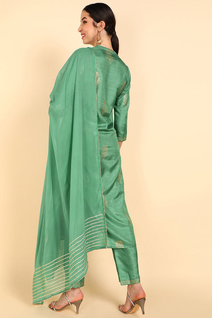  Women Green Solid Kurta Trousers With Dupatta