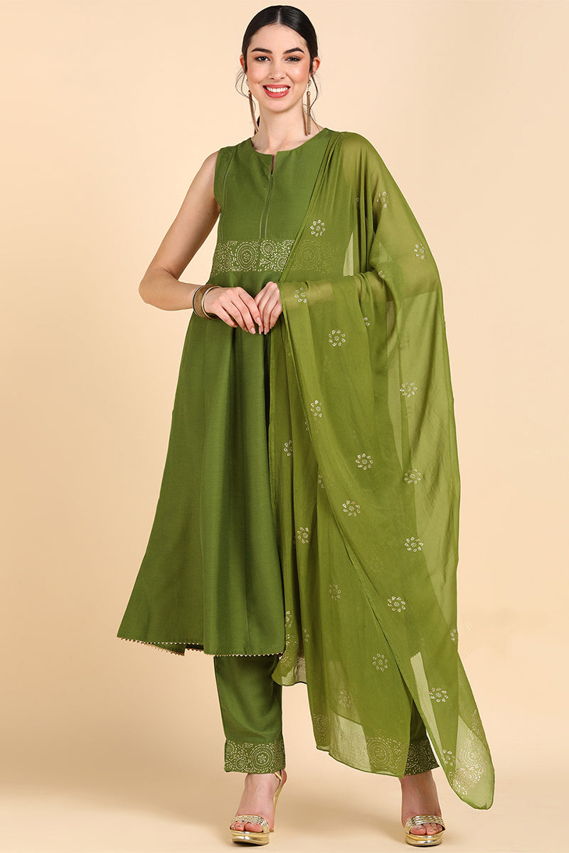  Women Olive Solid Kurta Trousers With Dupatta