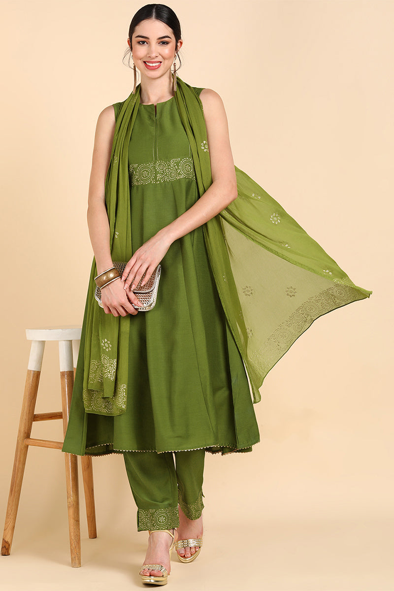  Women Olive Solid Kurta Trousers With Dupatta