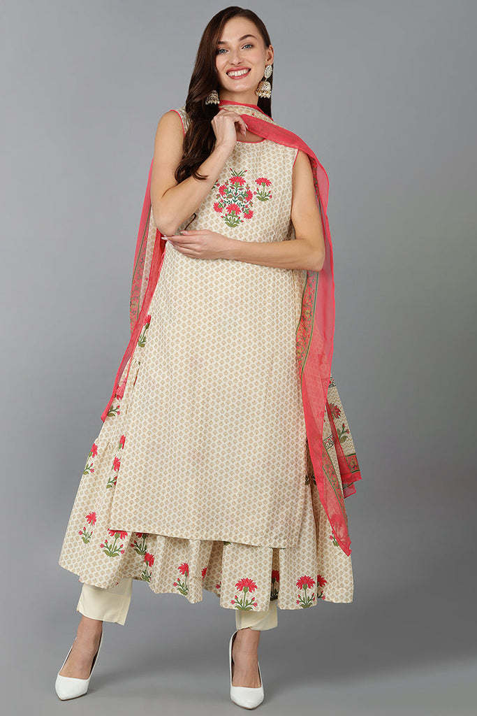 Polyester Beige Printed Layered Kurta Pant With Dupatta PKSKD1421