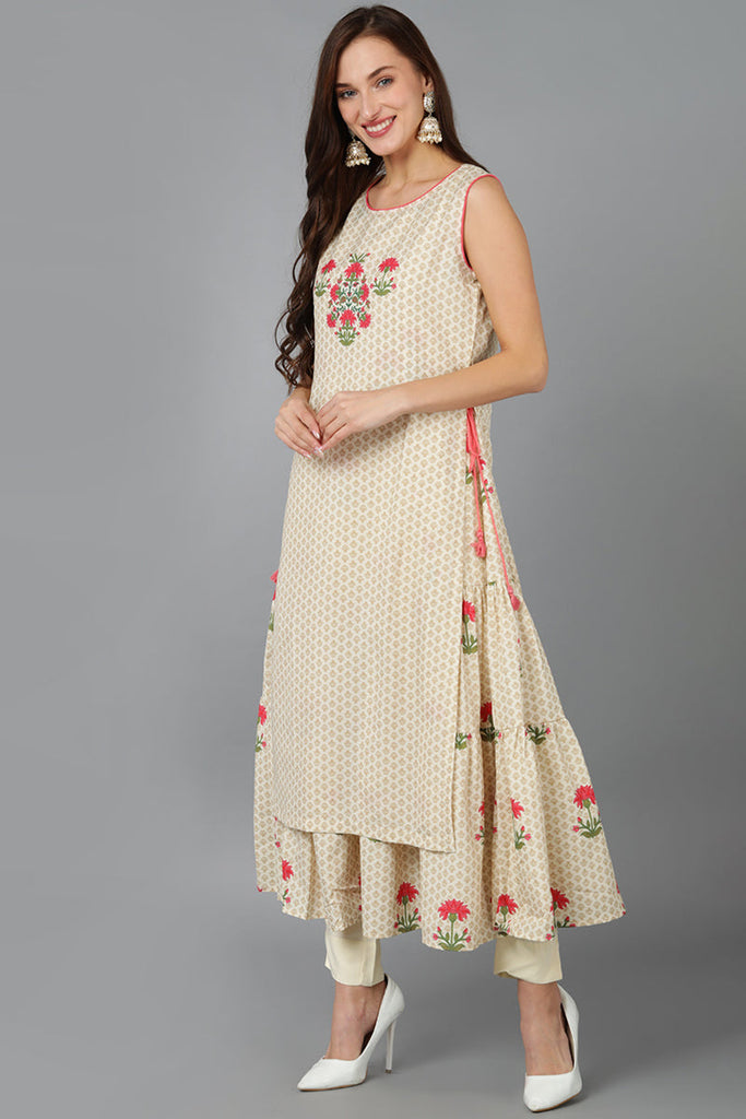 Polyester Beige Printed Layered Kurta Pant With Dupatta PKSKD1421