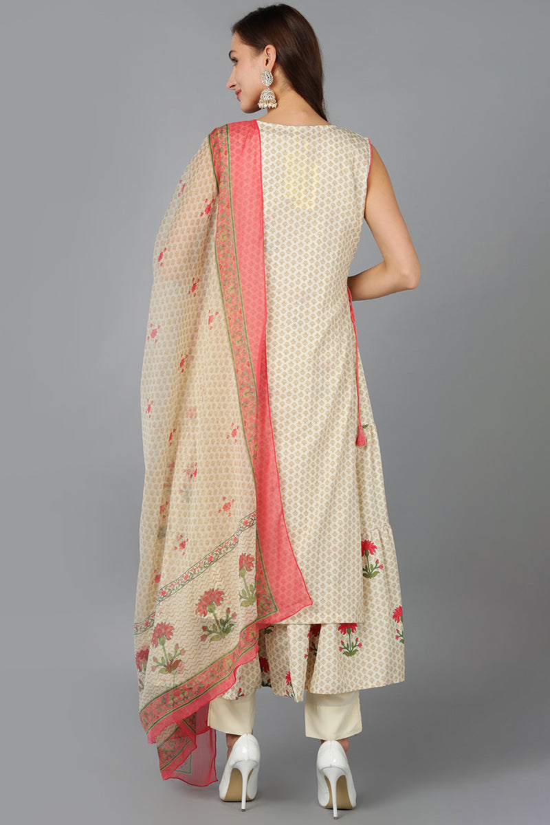 Polyester Beige Printed Layered Kurta Pant With Dupatta PKSKD1421