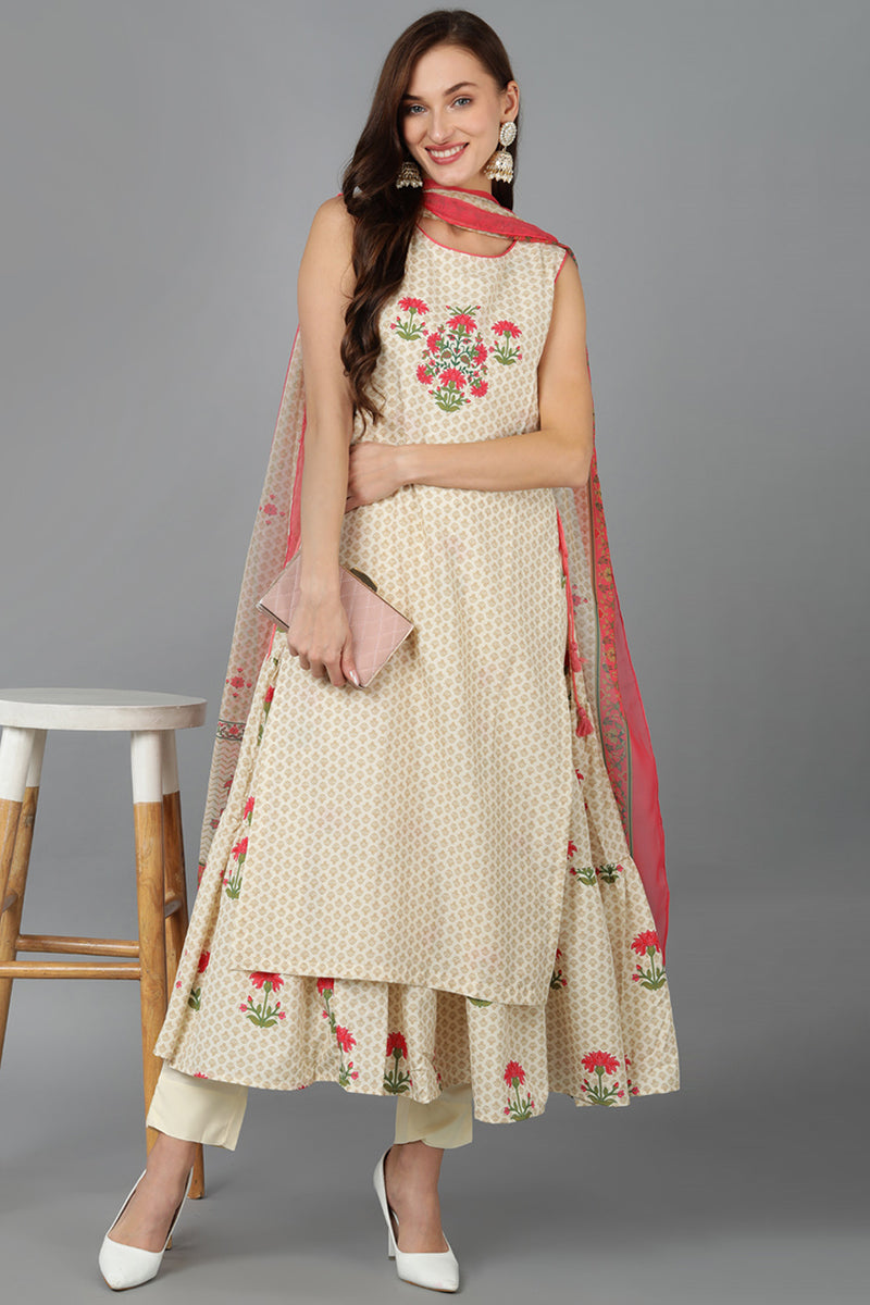 Polyester Beige Printed Layered Kurta Pant With Dupatta PKSKD1421