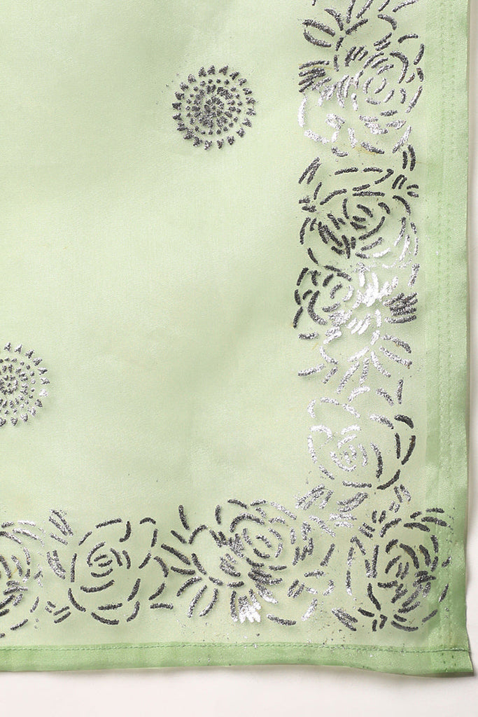   Women Green Floral Yoke Design Panelled Kurti with Trousers & With Dupatta