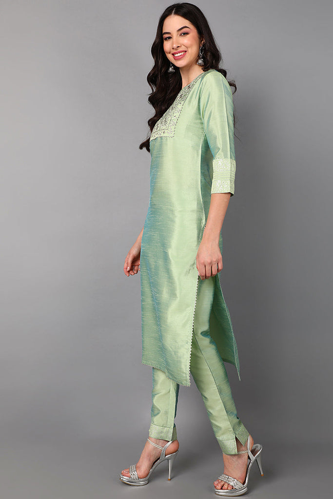   Women Green Floral Yoke Design Panelled Kurti with Trousers & With Dupatta