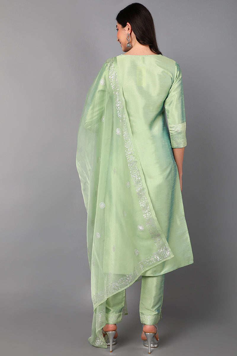   Women Green Floral Yoke Design Panelled Kurti with Trousers & With Dupatta