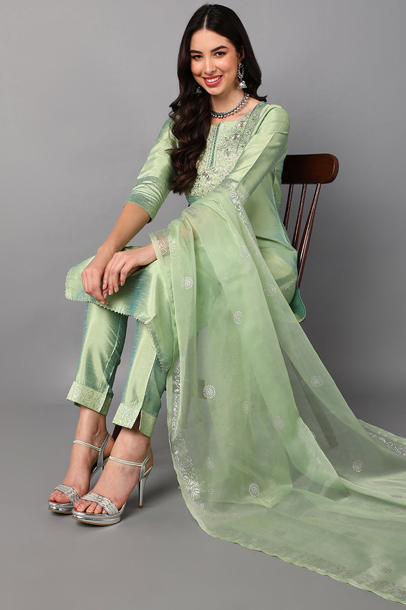   Women Green Floral Yoke Design Panelled Kurti with Trousers & With Dupatta