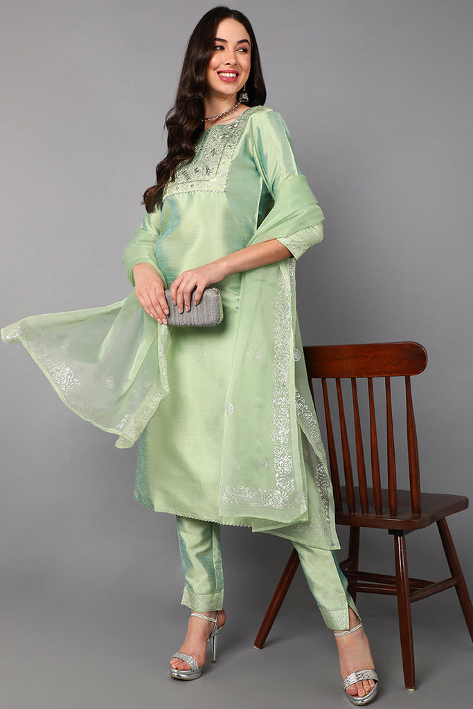   Women Green Floral Yoke Design Panelled Kurti with Trousers & With Dupatta