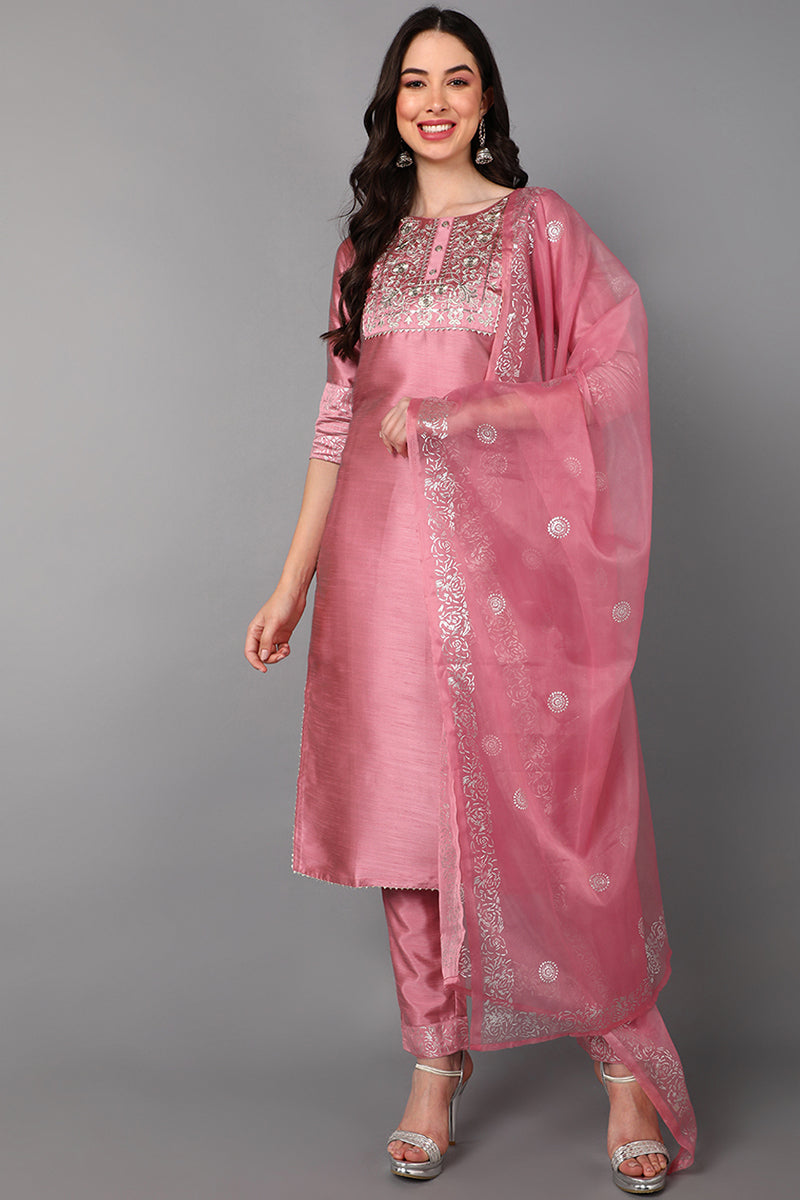  Women Pink Floral Embroidered High Slit Kurti with Trousers & With Dupatta