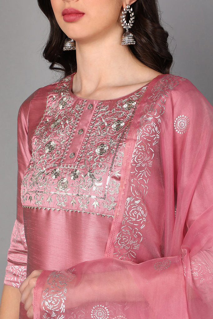  Women Pink Floral Embroidered High Slit Kurti with Trousers & With Dupatta