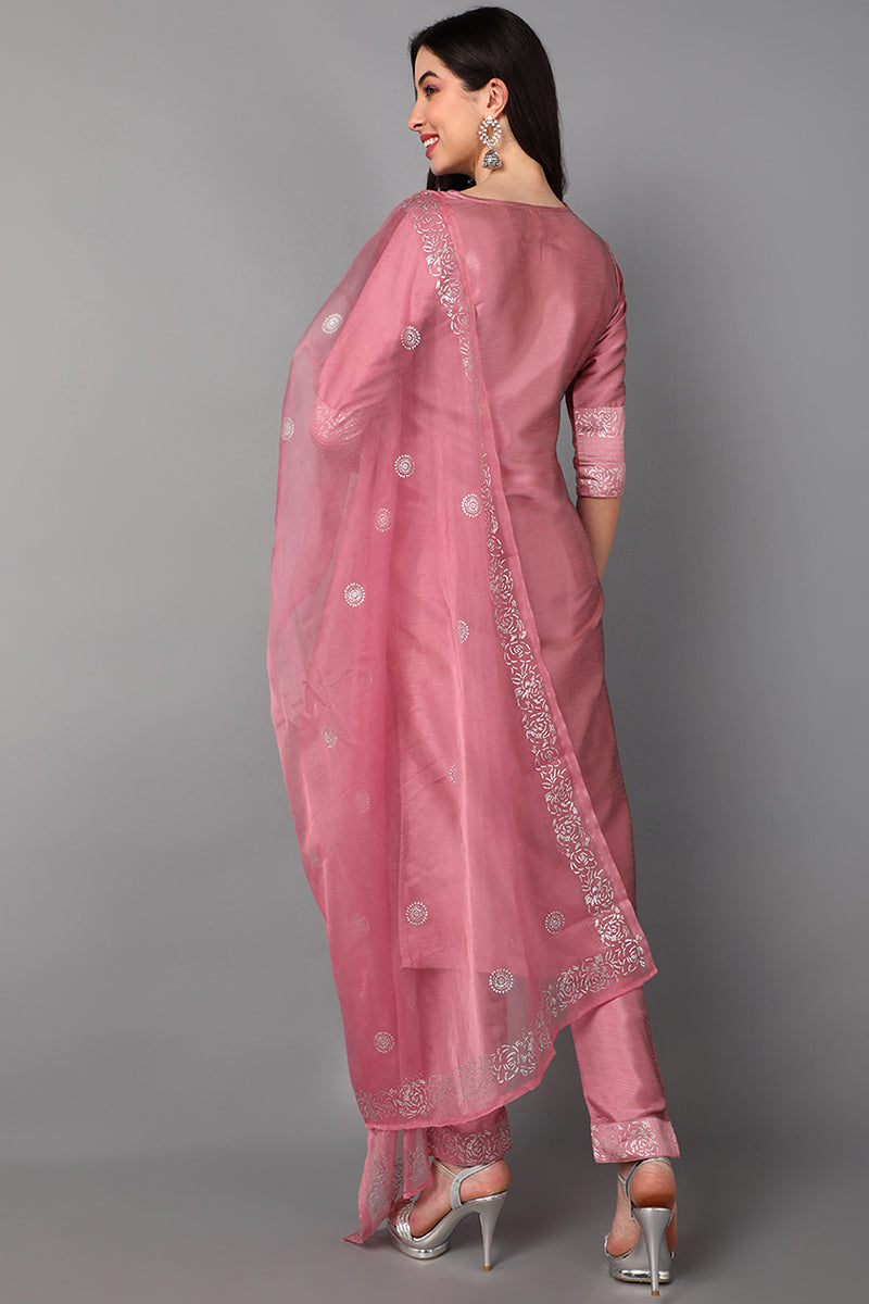  Women Pink Floral Embroidered High Slit Kurti with Trousers & With Dupatta