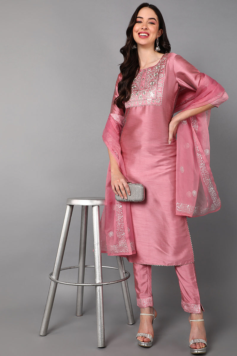  Women Pink Floral Embroidered High Slit Kurti with Trousers & With Dupatta