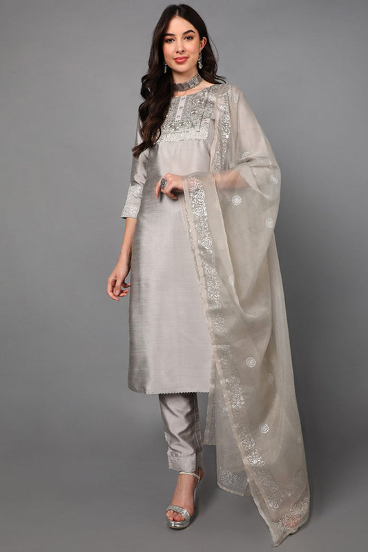 Grey Floral Yoke Design Panelled Suit Set PKSKD1433