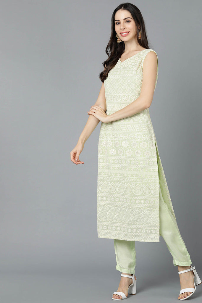  Women Green Poly Georgette Embroidered Kurta Trouser With Dupatta 