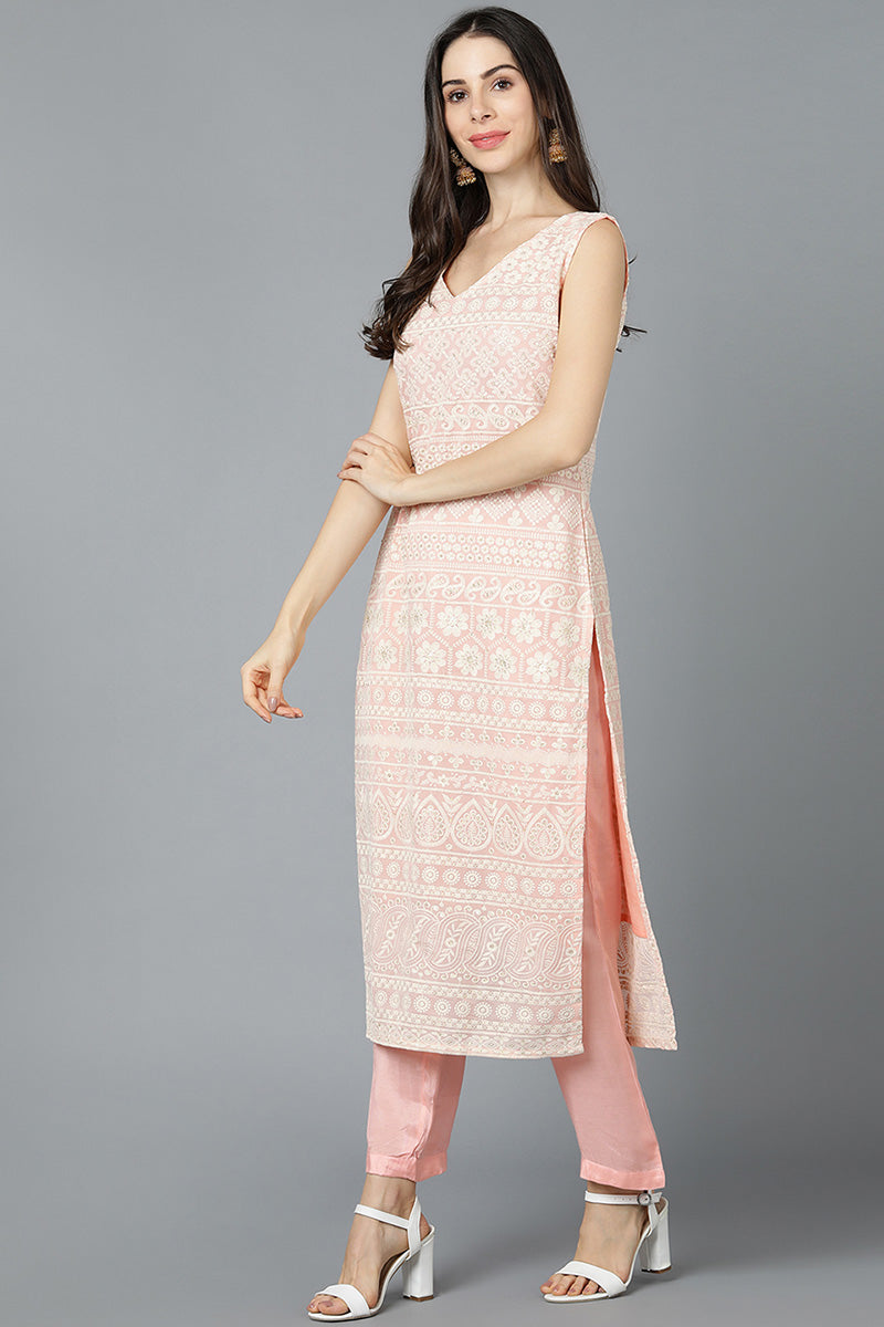 Peach Poly Georgette Straight Kurta Pant With Dupatta Set 