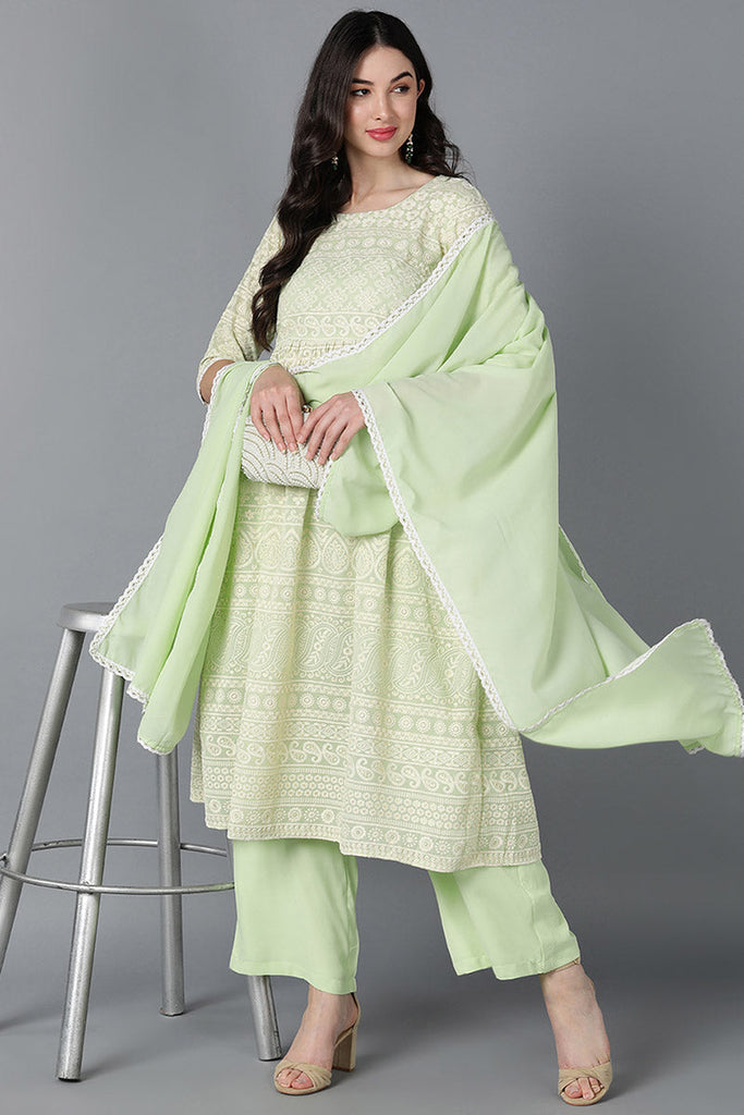  Women Green Poly Georgette Embroidered Kurta Trouser With Dupatta