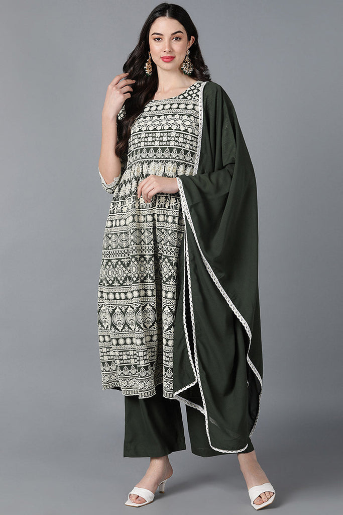  Women Green Poly Georgette Embroidered Kurta Trouser With Dupatta