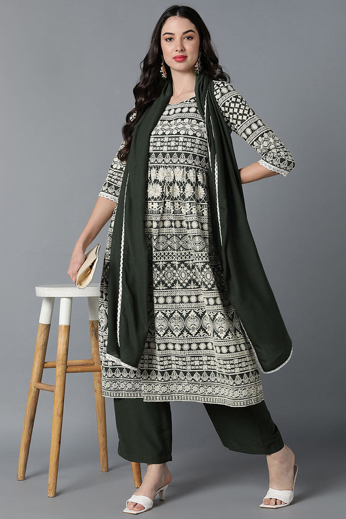  Women Green Poly Georgette Embroidered Kurta Trouser With Dupatta