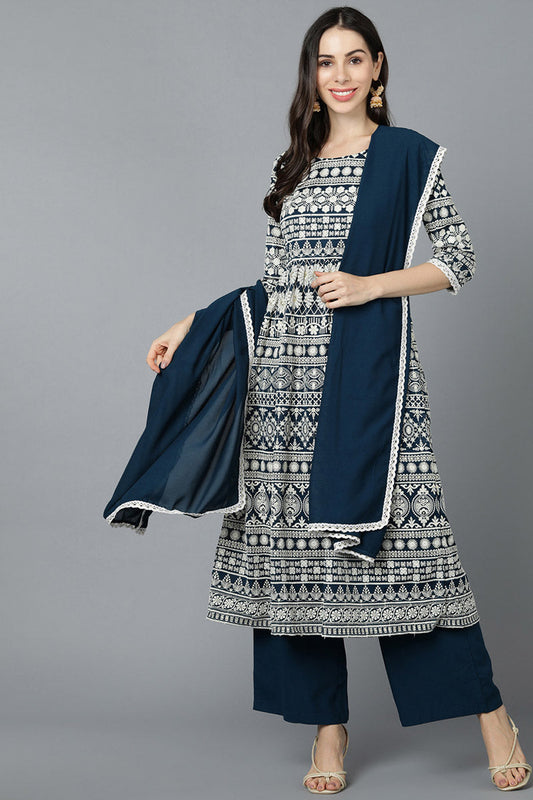  Women Navy Blue Poly Georgette Embroidered Kurta Trouser With Dupatta