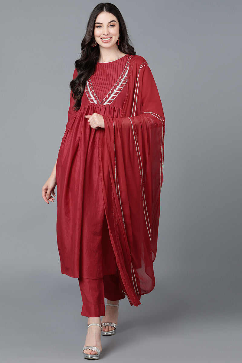 Red Poly Silk Flared Kurta Pant With Dupatta Set 