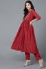 Red Poly Silk Flared Kurta Pant With Dupatta Set 