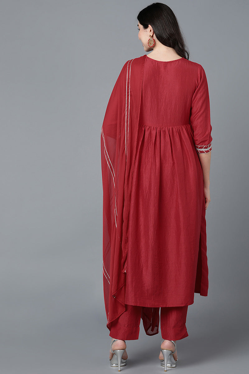 Red Poly Silk Flared Kurta Pant With Dupatta Set 