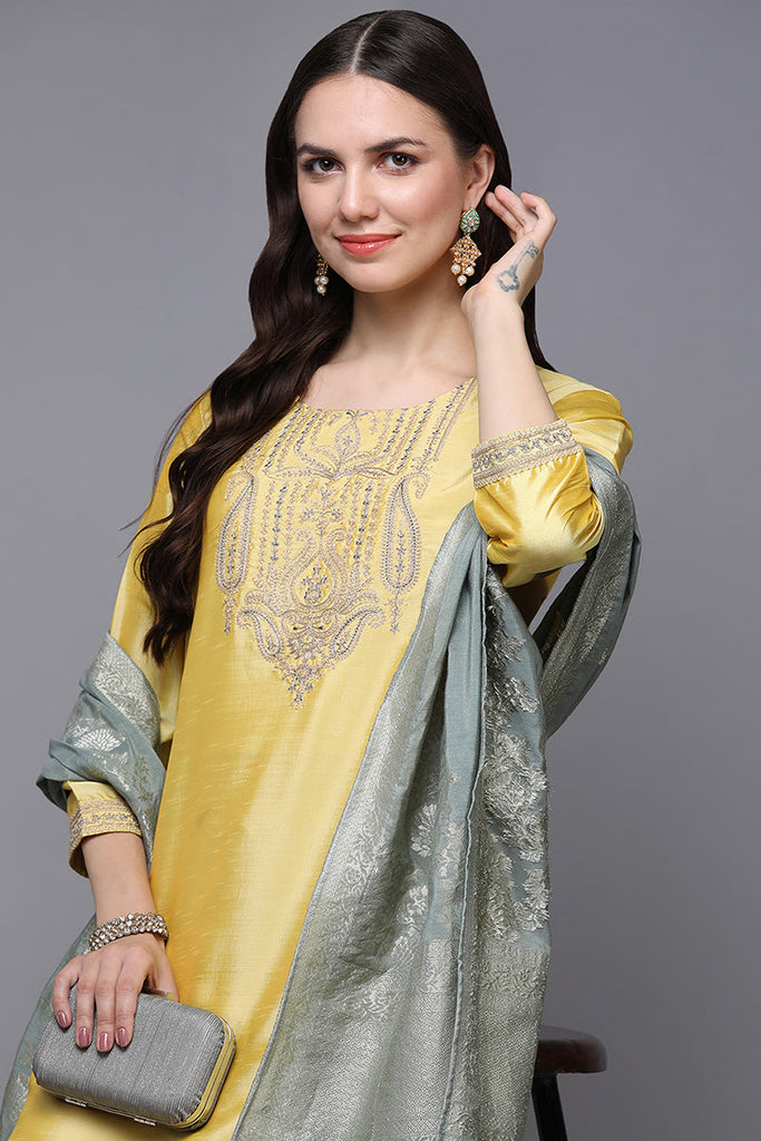 Yellow Poly Silk Floral Straight Suit Set PKSKD1476