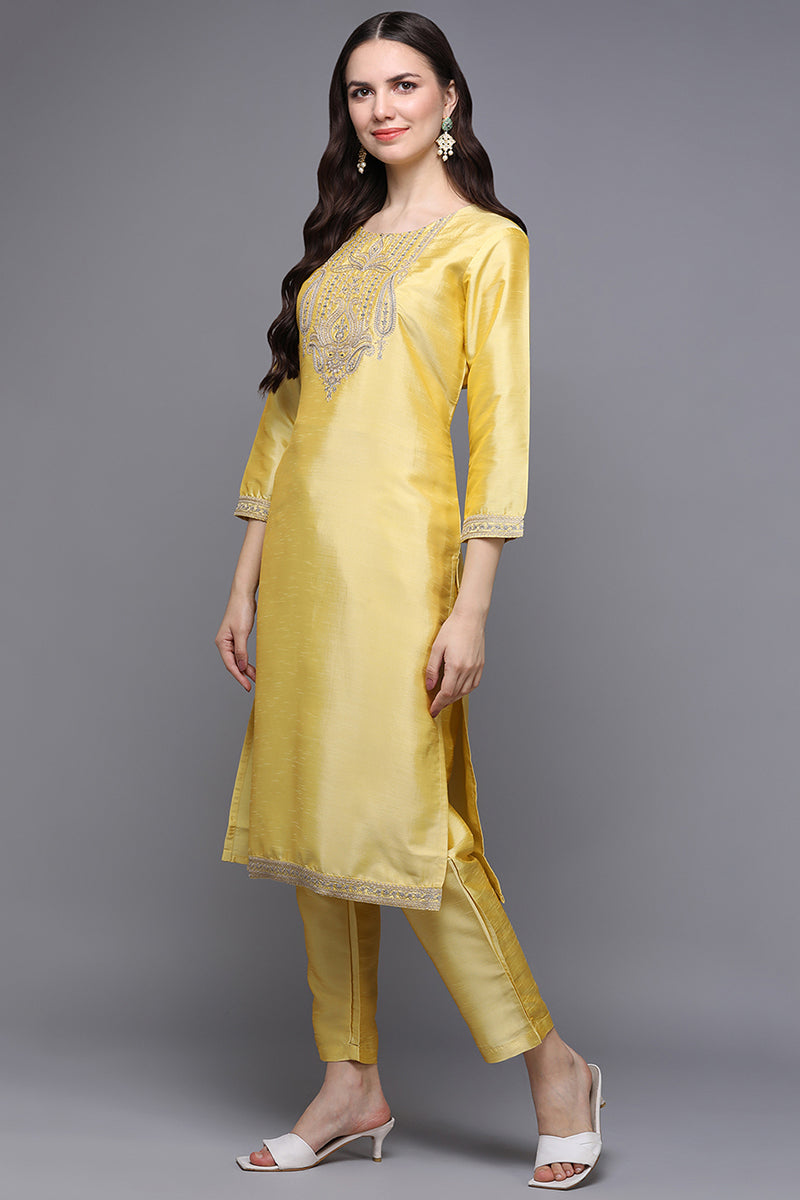 Yellow Poly Silk Floral Straight Suit Set PKSKD1476