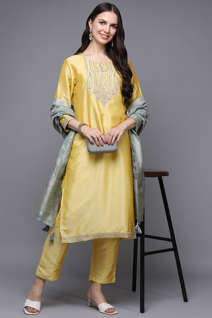 Yellow Poly Silk Floral Straight Suit Set PKSKD1476