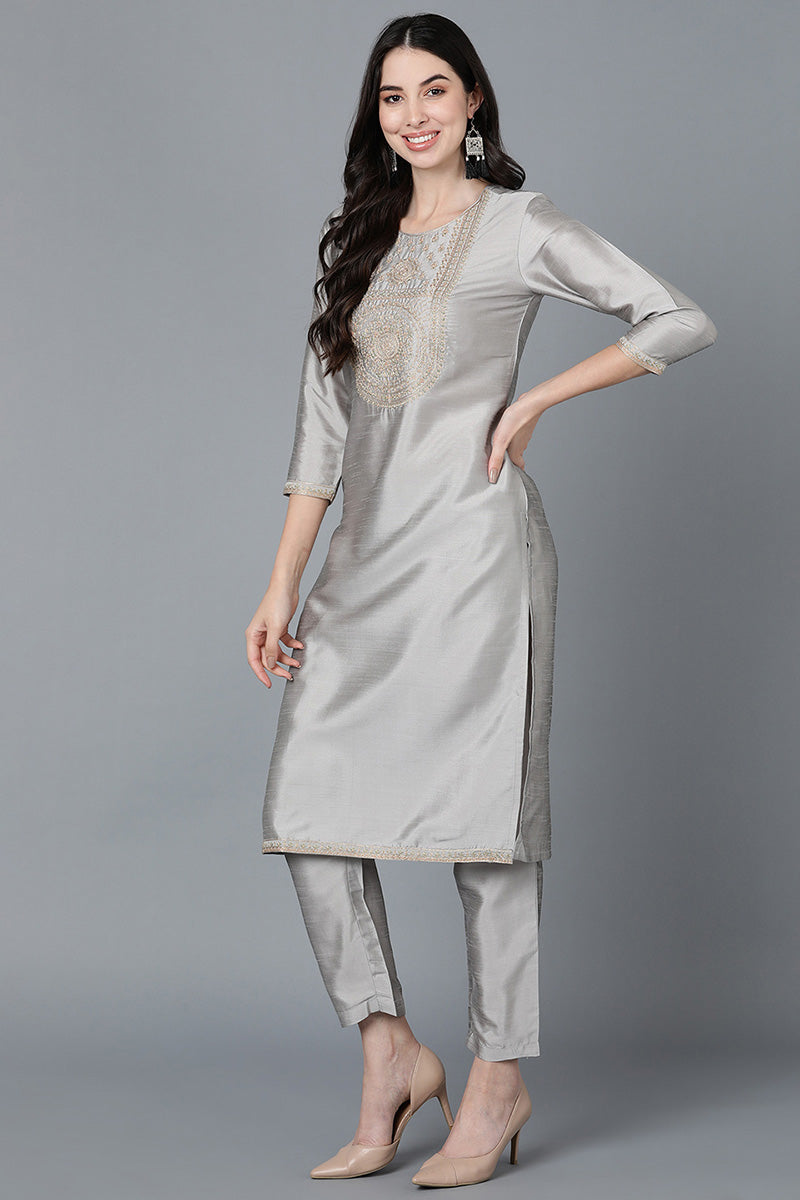 Grey Poly Silk Embroidered Kurta Trousers With Dupatta 