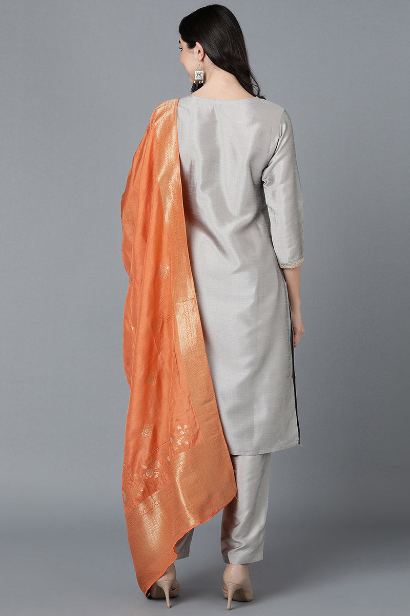 Grey Poly Silk Embroidered Kurta Trousers With Dupatta 