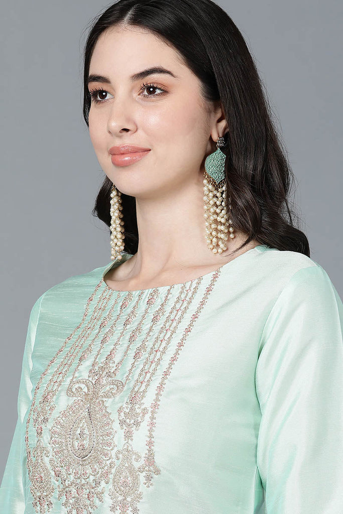  Women Green Poly Silk Embroidered Kurta Trousers With Dupatta 