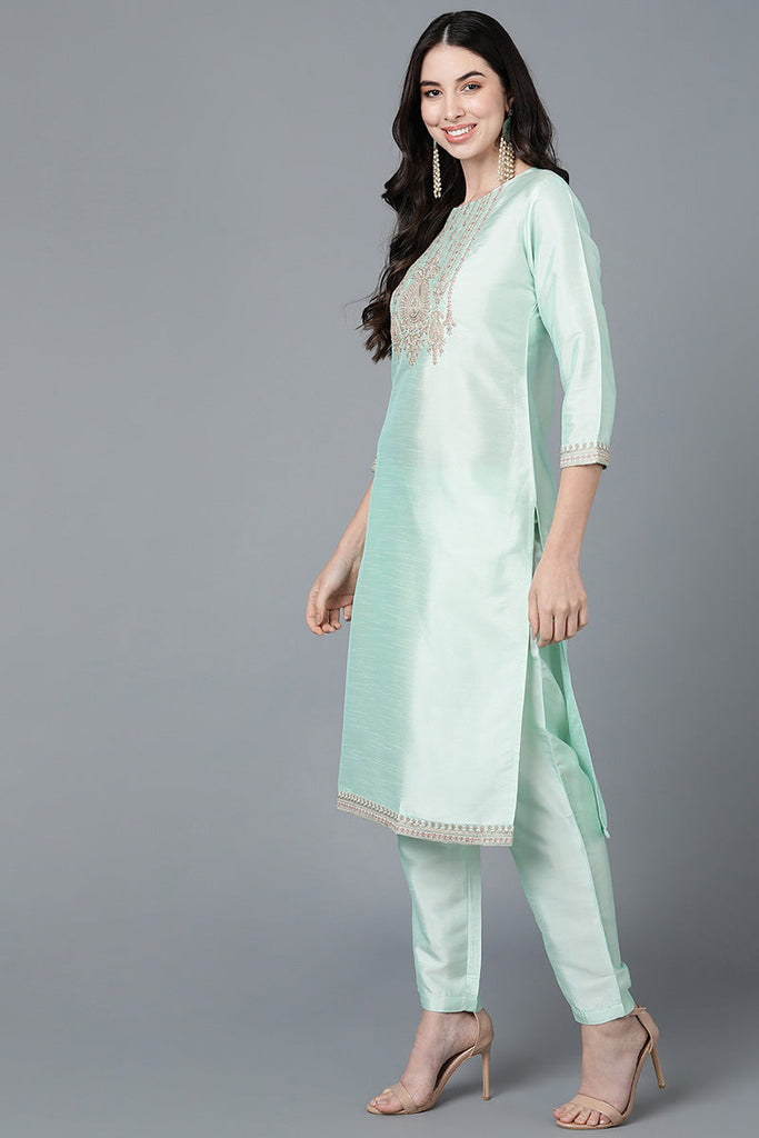  Women Green Poly Silk Embroidered Kurta Trousers With Dupatta 