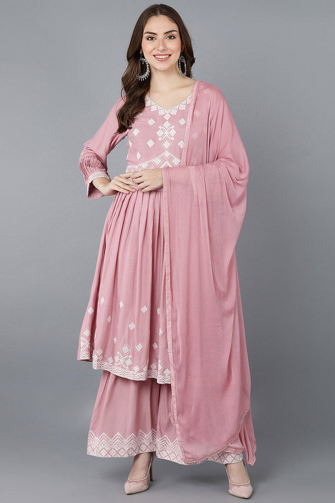  Women Pink Polysilk Embroidered Kurta Sharara With Dupatta