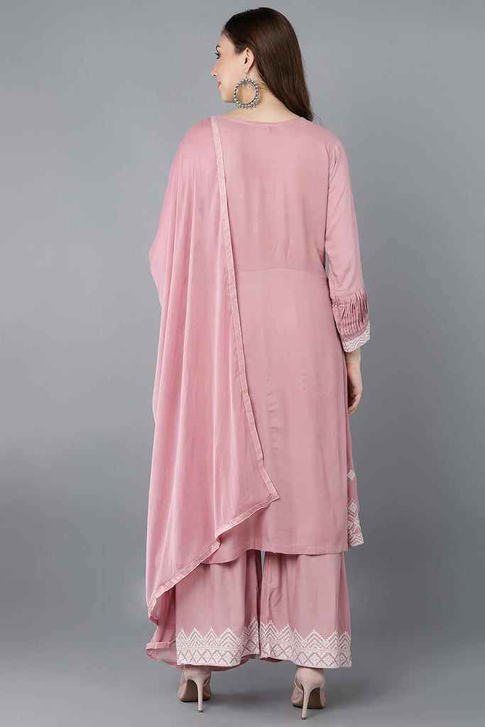  Women Pink Polysilk Embroidered Kurta Sharara With Dupatta