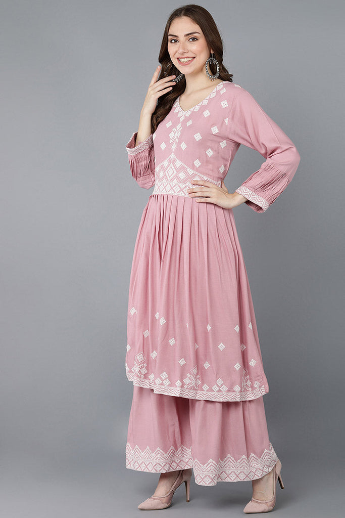  Women Pink Polysilk Embroidered Kurta Sharara With Dupatta