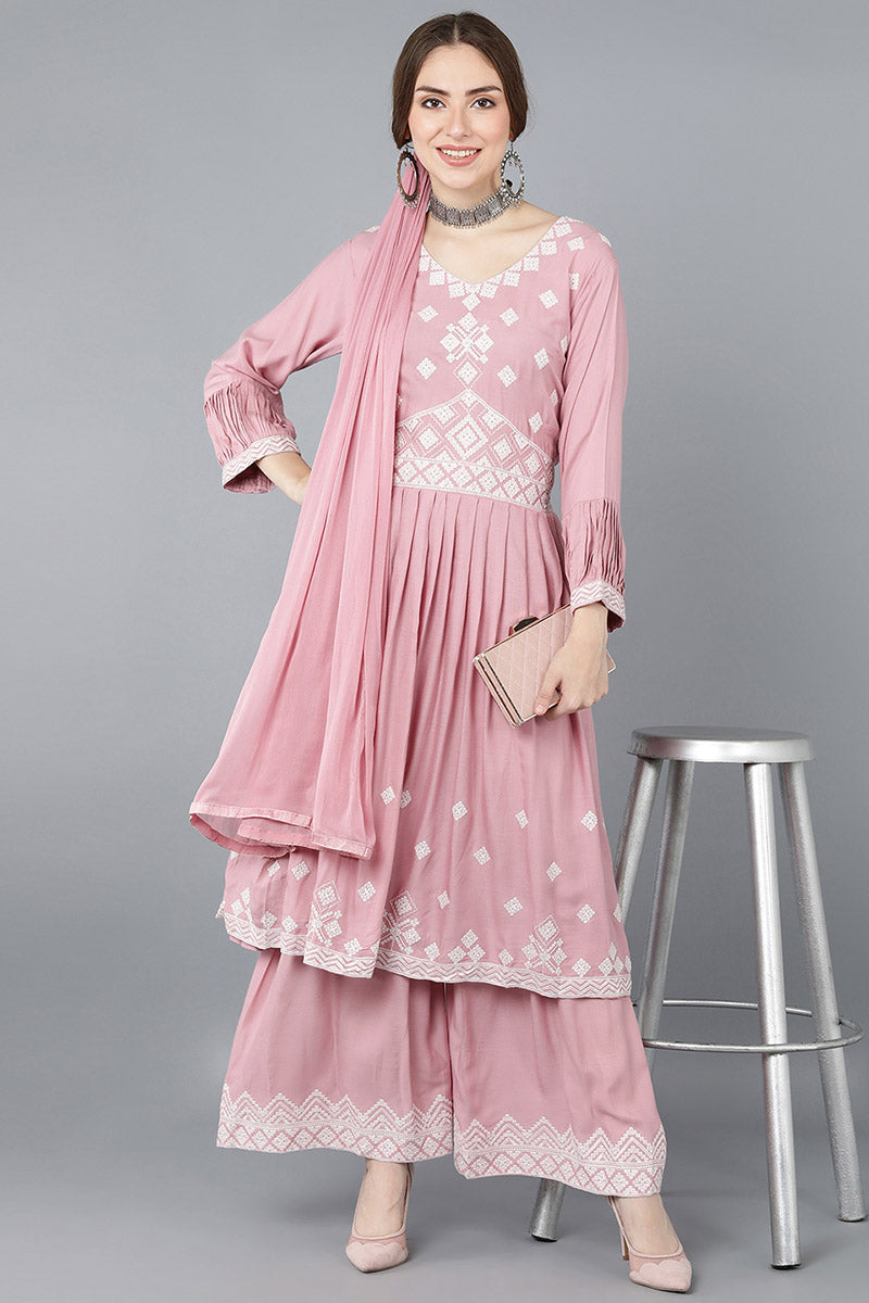  Women Pink Polysilk Embroidered Kurta Sharara With Dupatta