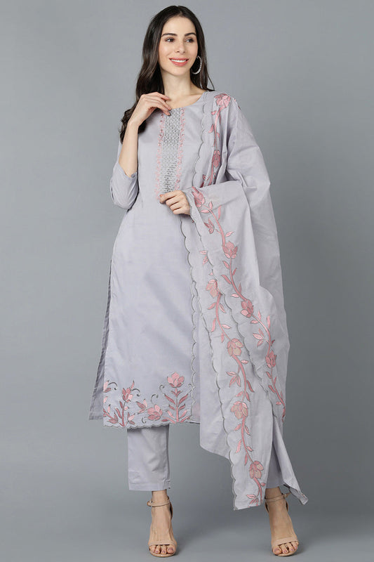  Women Grey Poly Silk Embroidered Kurta Trouser With Dupatta