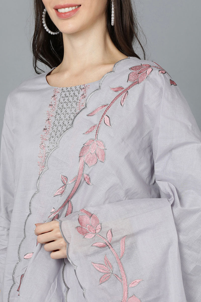  Women Grey Poly Silk Embroidered Kurta Trouser With Dupatta