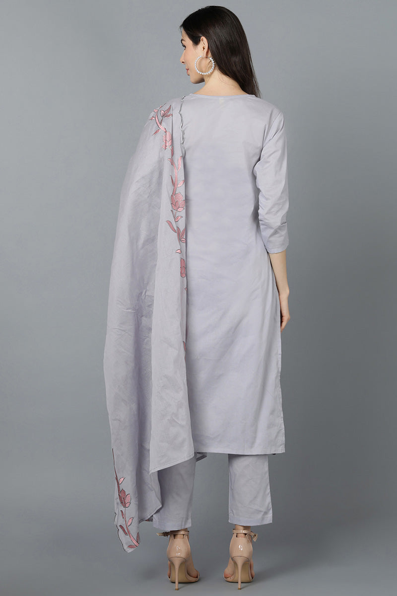  Women Grey Poly Silk Embroidered Kurta Trouser With Dupatta