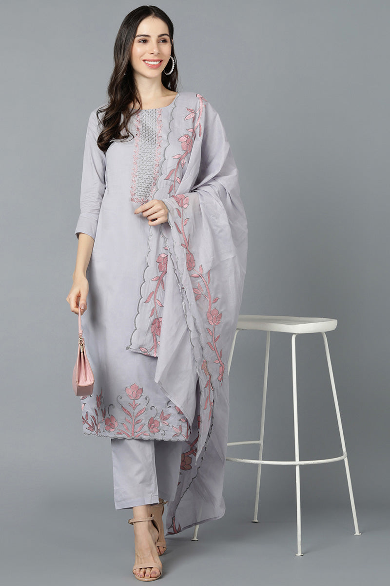  Women Grey Poly Silk Embroidered Kurta Trouser With Dupatta