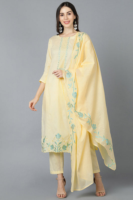  Women Yellow Poly Silk Embroidered Kurta Trouser With Dupatta