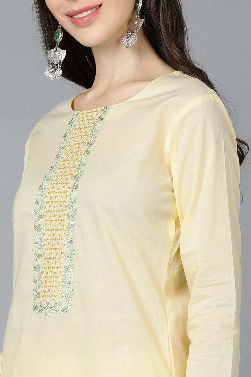  Women Yellow Poly Silk Embroidered Kurta Trouser With Dupatta