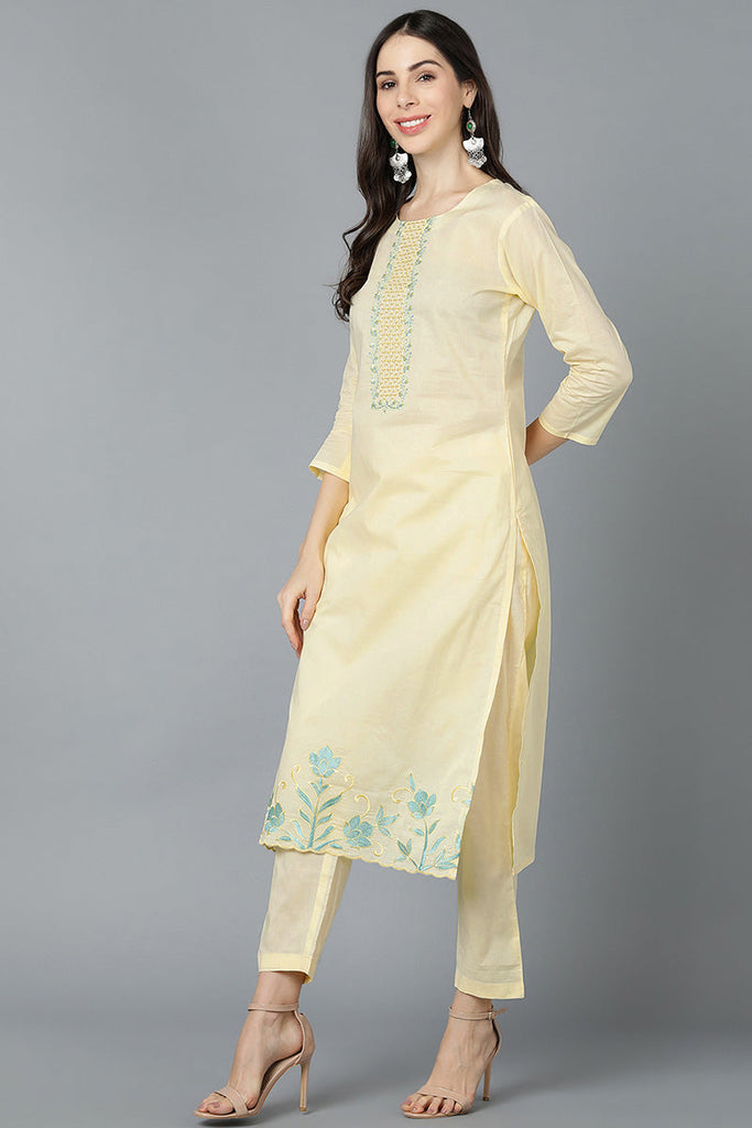  Women Yellow Poly Silk Embroidered Kurta Trouser With Dupatta