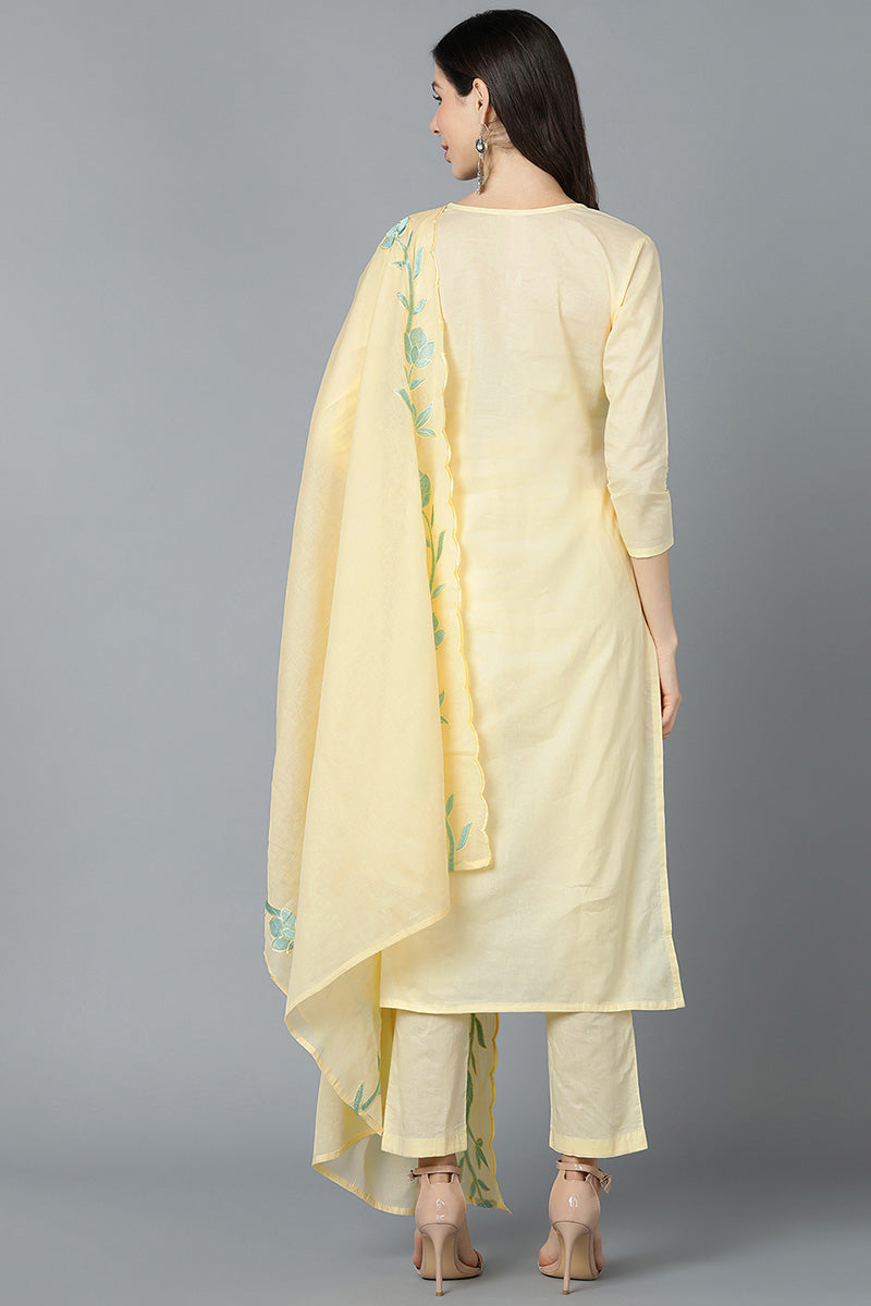  Women Yellow Poly Silk Embroidered Kurta Trouser With Dupatta