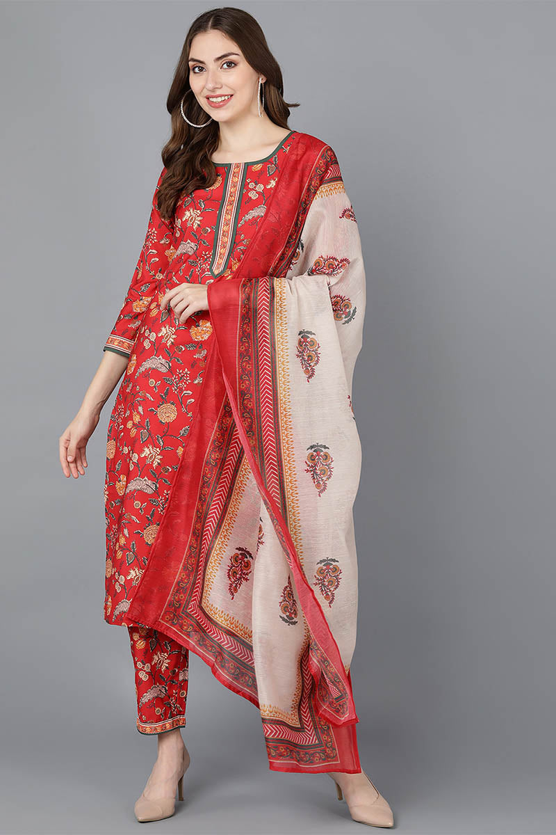  Women Red Polyester Kurta Trousers With Dupatta