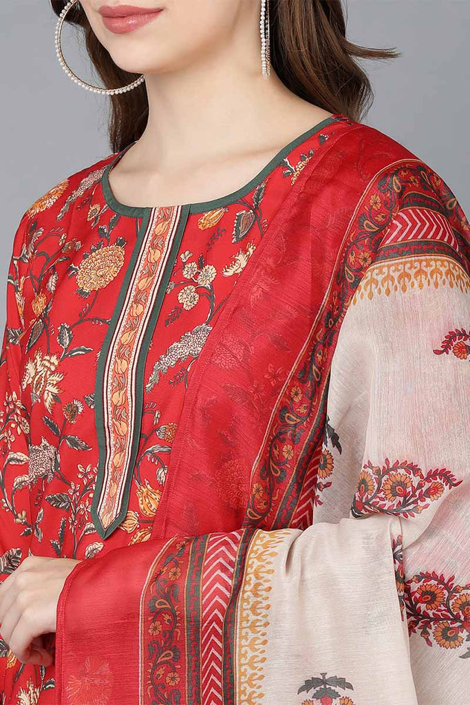  Women Red Polyester Kurta Trousers With Dupatta